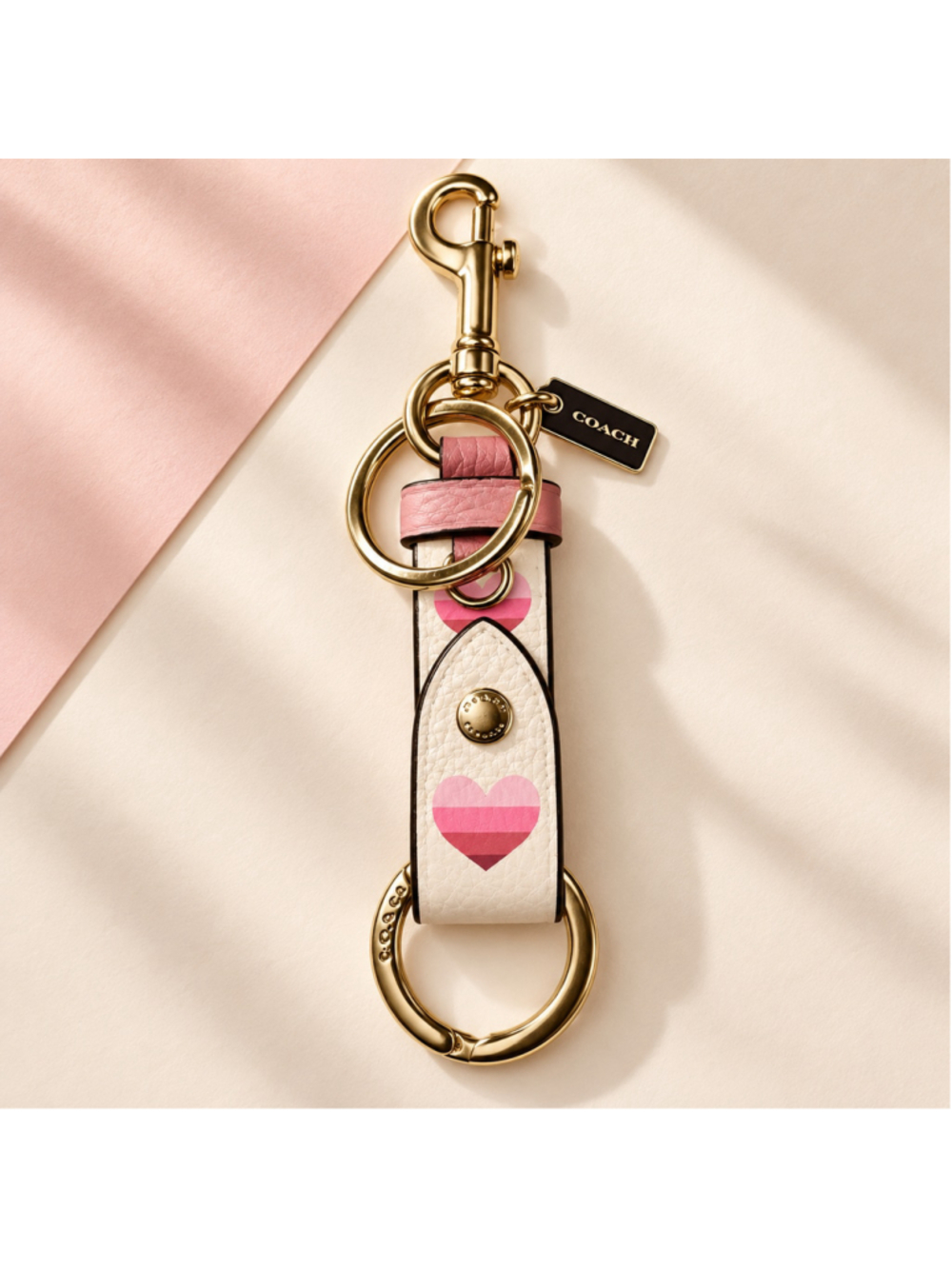 Coach CA049 Pink Stripe Heart Trigger Snap Bag Charm Keychain NWT